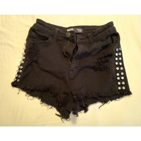 BDG Women’s Studded Denim Shorts Y2K High Rise Cheeky Cut Off Punk Rock SZ XS/S - Picture 2 of 8